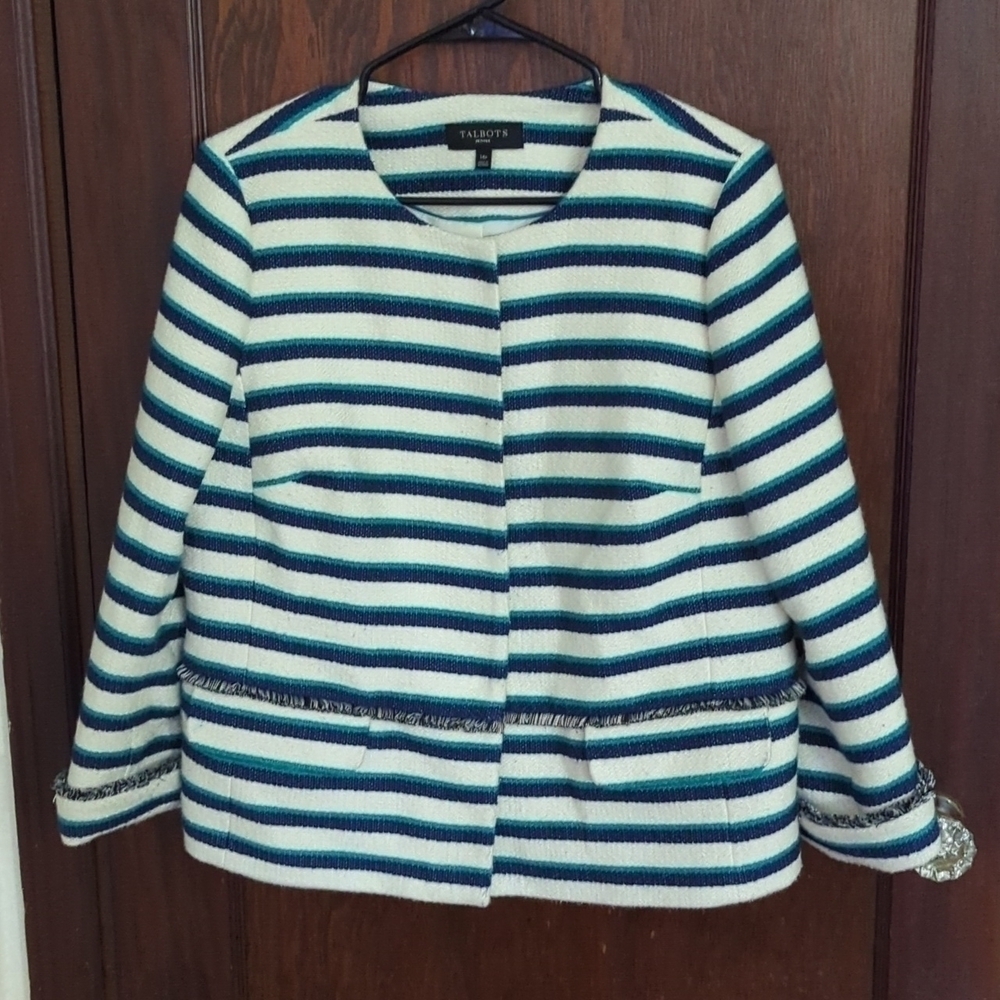 Talbots Cream and Blue Stripe Thick Long Sleeve Blazer Size 14 Petite
